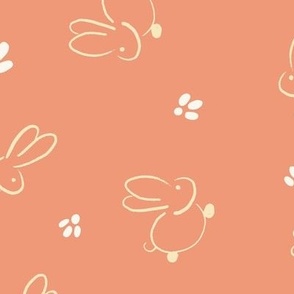 Large || Cute Easter Bunnies and Footprints || Ivory on Pastel Orange