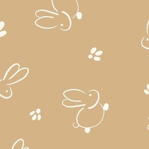 Large || Cute Easter Bunnies and Footprints || Ivory on Pastel Brown