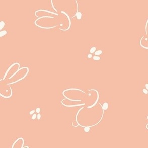 Large || Cute Easter Bunnies and Footprints || Ivory on Coral Pink