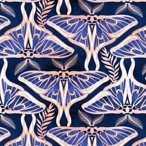  Small scale // Art Deco luna moths // metal rose texture and royal blue Spanish moon moth insect