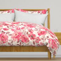 Retro Rose Pink Watercolor Blooms on Cream - extra large