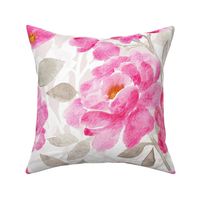 Bright Pink Watercolor Blooms with Grey and White - extra large
