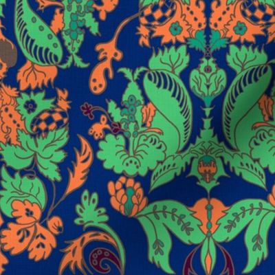 Victorian bright damask , deep blue, bright green and orange handdrawn 12” repeat