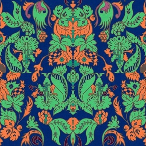 Victorian bright damask , deep blue, bright green and orange handdrawn 12” repeat
