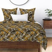 Abstract plaid zebra lines crossed  stripes with texture black, grey, ochre, large 18” repeat