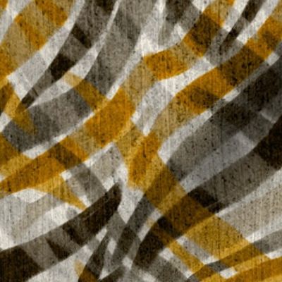 Abstract plaid zebra lines crossed  stripes with texture black, grey, ochre, large 18” repeat