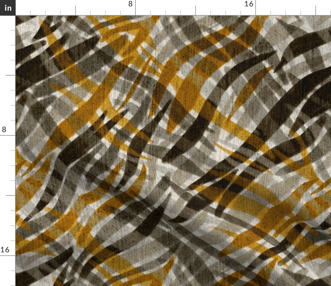 Abstract plaid zebra lines crossed  stripes with texture black, grey, ochre, large 18” repeat