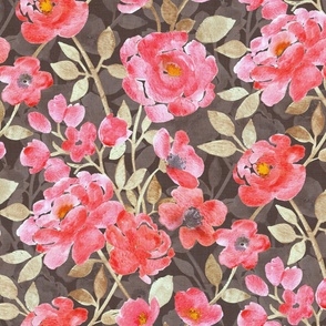 Watercolor Blooms in Coral Red, Golden Beige and Brown - extra large