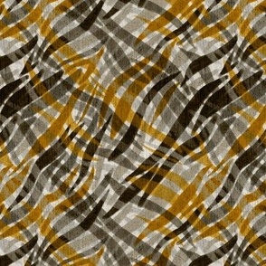 Abstract zebra rims crossed  stripes with texture black, grey, ochre, large 6”repeat