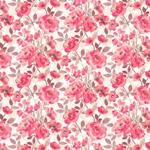 Retro Rose Pink Watercolor Blooms on Cream - medium