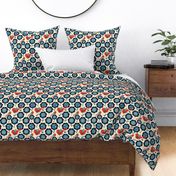 Flower Birds Red Teal Navy