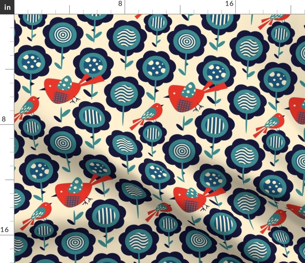 Flower Birds Red Teal Navy