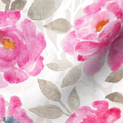 Bright Pink Watercolor Blooms with Grey and White - large