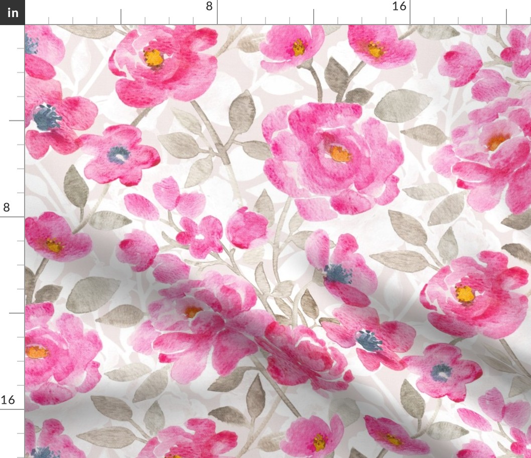 Bright Pink Watercolor Blooms with Grey and White - large