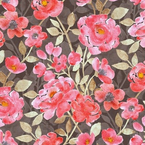 Watercolor Blooms in Coral Red, Golden Beige and Brown - large