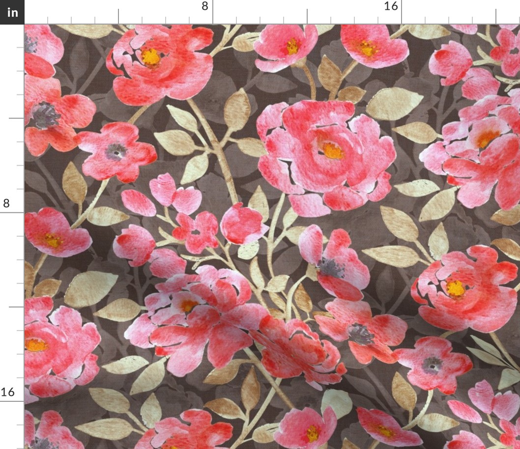 Watercolor Blooms in Coral Red, Golden Beige and Brown - large