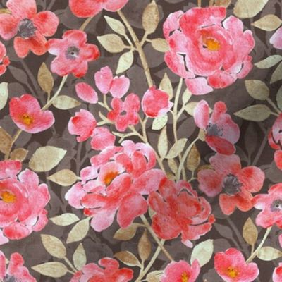 Watercolor Blooms in Coral Red, Golden Beige and Brown - medium