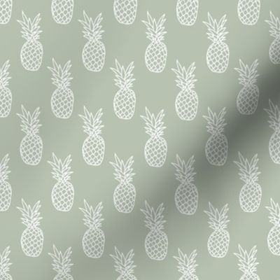 Boho summer pineapple black and white trendy illustration tropical fruit print design white on sage green 
