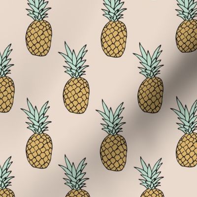 Boho summer pineapple black and white trendy illustration tropical fruit print design ochre yellow mint green on sand