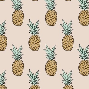 Boho summer pineapple black and white trendy illustration tropical fruit print design ochre yellow mint green on sand