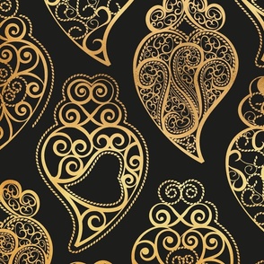 Large jumbo scale // Gold Coração de Viana // black background ornamental golden Portuguese Viana hearts extravagant gold cord filigree passementerie style inspiration