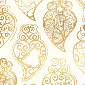 Large jumbo scale // Gold Coração de Viana // natural white background ornamental golden Portuguese Viana hearts extravagant gold cord filigree passementerie style inspiration