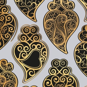 Large jumbo scale // Gold Coração de Viana // light grey background ornamental black and golden Portuguese Viana hearts extravagant gold cord filigree passementerie style inspiration