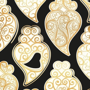 Large jumbo scale // Gold Coração de Viana // black background ornamental natural white and golden Portuguese Viana hearts extravagant gold cord filigree passementerie style inspiration