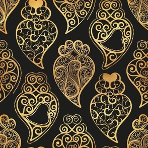 Normal scale // Gold Coração de Viana // black background ornamental golden Portuguese Viana hearts extravagant gold cord filigree passementerie style inspiration