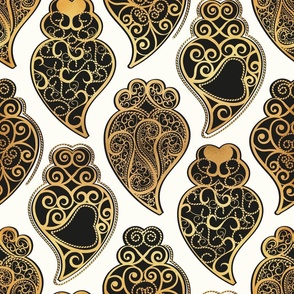 Normal scale // Gold Coração de Viana // natural white background ornamental black and golden Portuguese Viana hearts extravagant gold cord filigree passementerie style inspiration