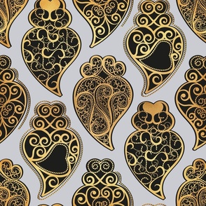 Normal scale // Gold Coração de Viana // light grey background ornamental black and golden Portuguese Viana hearts extravagant gold cord filigree passementerie style inspiration