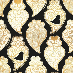 Normal scale // Gold Coração de Viana // black background ornamental natural white and golden Portuguese Viana hearts extravagant gold cord filigree passementerie style inspiration