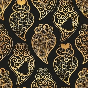 Small scale // Gold Coração de Viana // black background ornamental golden Portuguese Viana hearts extravagant gold cord filigree passementerie style inspiration