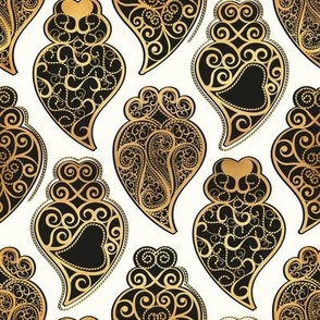 Small scale // Gold Coração de Viana // natural white background ornamental black and golden Portuguese Viana hearts extravagant gold cord filigree passementerie style inspiration