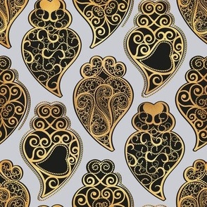 Small scale // Gold Coração de Viana // light grey background ornamental black and golden Portuguese Viana hearts extravagant gold cord filigree passementerie style inspiration