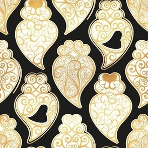 Small scale // Gold Coração de Viana // black background ornamental natural white and golden Portuguese Viana hearts extravagant gold cord filigree passementerie style inspiration