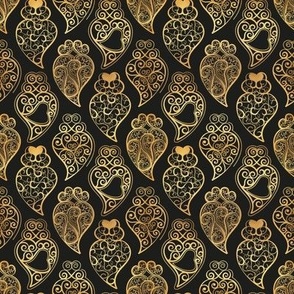 Tiny scale // Gold Coração de Viana // black background ornamental golden Portuguese Viana hearts extravagant gold cord filigree passementerie style inspiration