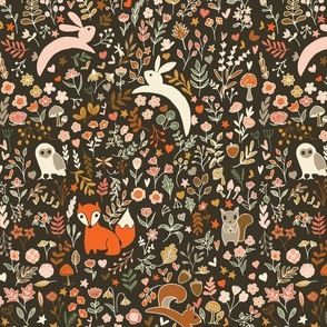 Small Woodland Animals in dark gray background | Cottagecore Critters | Earthy Tones | Pastoral Chic
