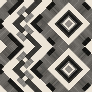 Geometric Block Print Black Gray Beige Diamonds Chevron Large Scale Pattern