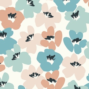 LARGE  flower power florals fabric - boho neutral brown and blue