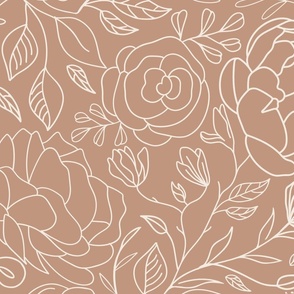 LARGE outline rose fabric - vintage floral drawn fabric - neutral boho blooms