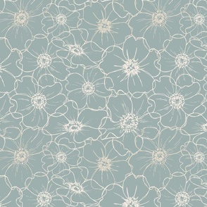 LARGE anemone floral outline fabric - outline floral blue boho