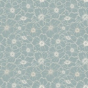 SMALL anemone floral outline fabric - outline floral blue boho
