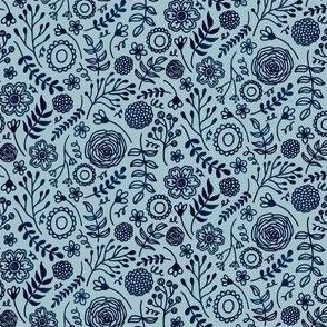 whimsical hand drawn florals blue background small