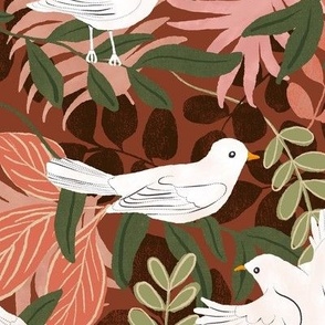 white birds on tropical leaves red green, large scale