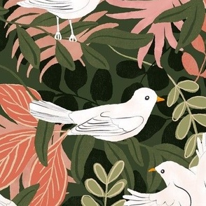 white birds on tropical leaves pink green, large scale