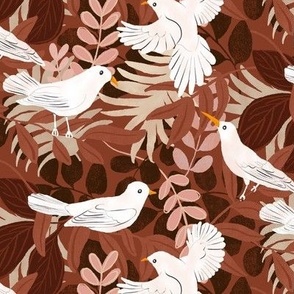 white birds on tropical leaves rust, medium scale
