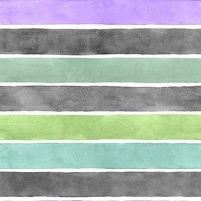 Halloween Monster Watercolor Broad Stripes Horizontal - Small Scale - Purple, Green, Black and Grey Gray