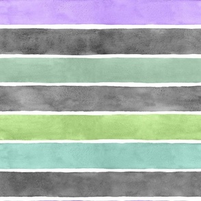 Halloween Monster Watercolor Broad Stripes Horizontal - Medium Scale - Purple, Green, Black and Grey Gray