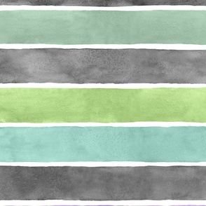 Halloween Monster Watercolor Broad Stripes Horizontal - Large Scale - Purple, Green, Black and Grey Gray
